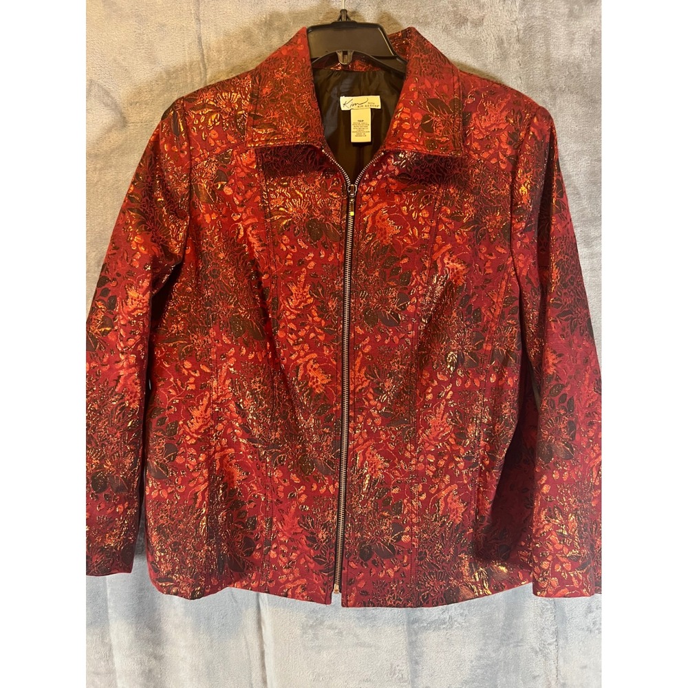 Kim Rogers Petite 16P Jacket Red Metallic Floral Zip-Up‎ Brocade Style Top